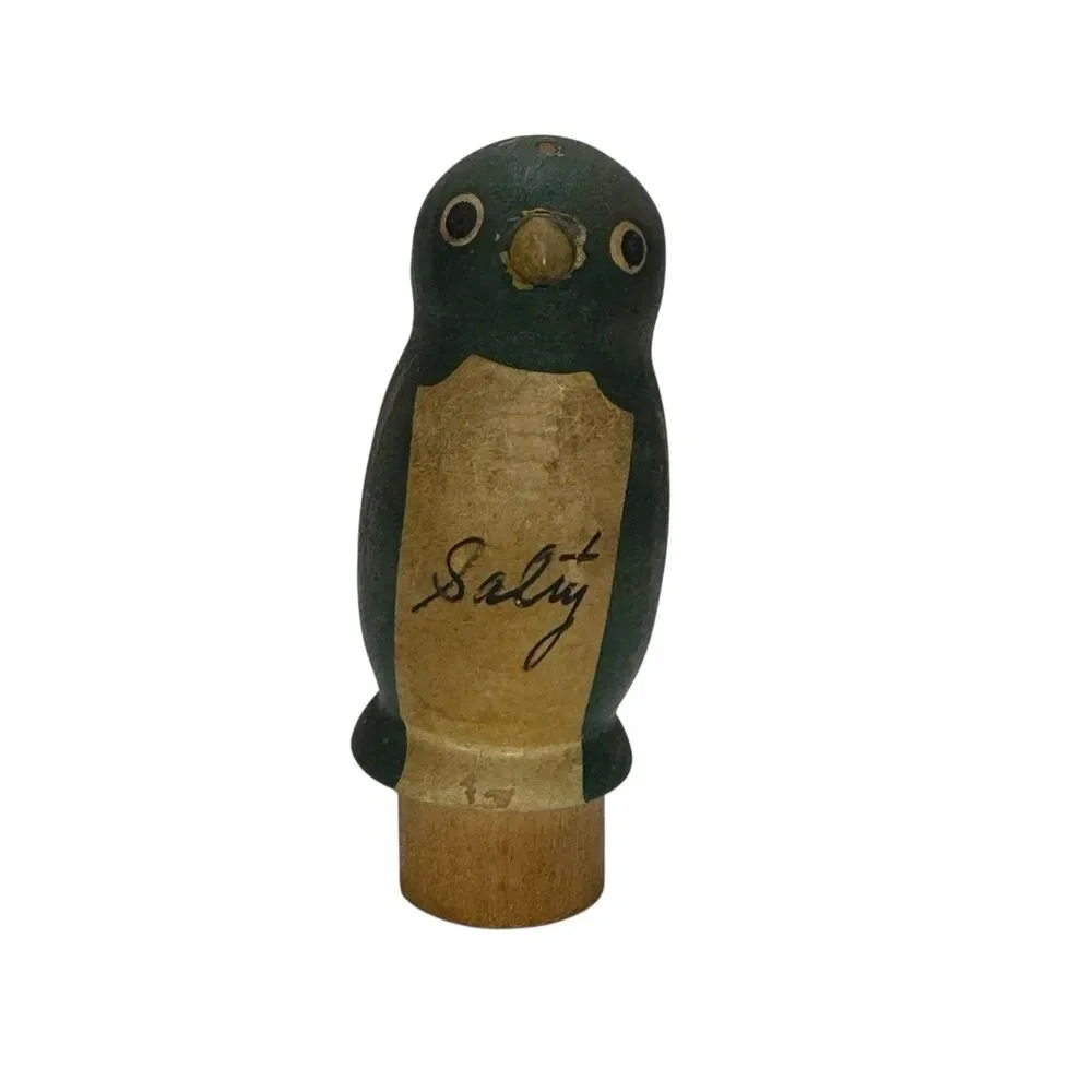 Vintage 50’s Wooden Bird Salt Pepper Shaker Set On Park Bench Japan Penguin